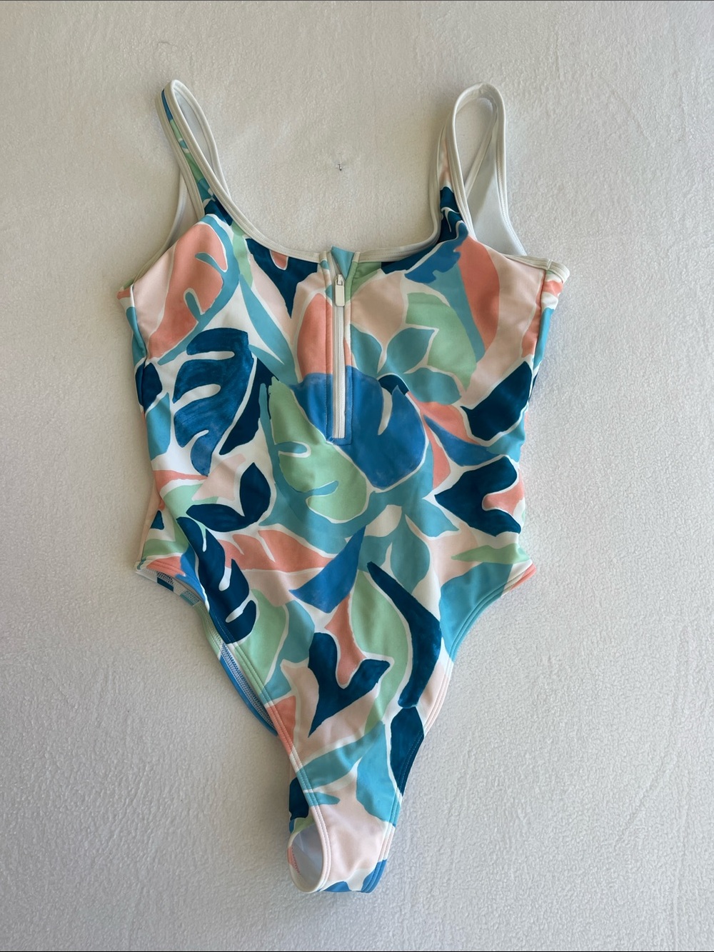 Girls Tropical Leaf Print One-Piece Swimsuit - Blue & Pink